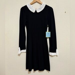 CeCe Black Dress with White beaded Trim Collar and Pleated Cuffs